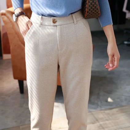 Vlněné dámské kalhoty elegantní office lady (Barva Khaki, Velikost L)