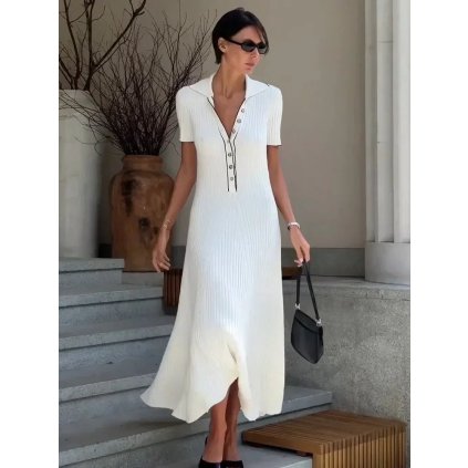 Dlouhé elegantní šaty s límečkem (Barva Bílá, Velikost S)