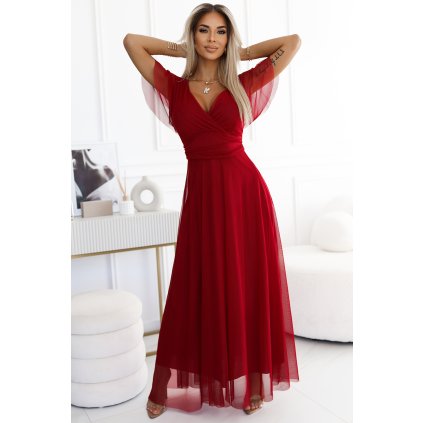 Dlouhé šaty s výstřihem a krátkými rukávy 562-2 NASTIA (Velikost ONE SIZE, Barva Bordová)