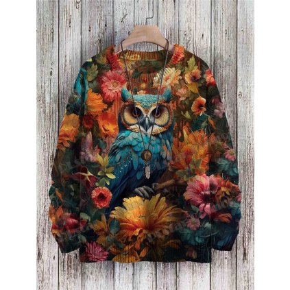 Svetr s potiskem 3D sova a a květiny Owl & flowers CS435 (Barva (varianta) Svetr, Velikost 4XL)
