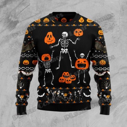 Svetr s potiskem dýně a kostra Halloween 3D CS445 (Barva (varianta) Svetr, Velikost XL)