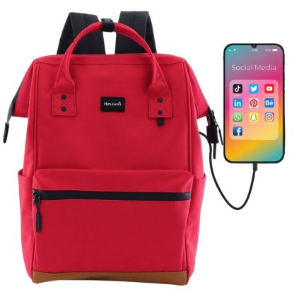 Dámský městský batoh v červené barvě s USB portem