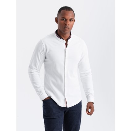 Pánské bavlněné tričko SLIM FIT se stojáčkem a barevnými pruhy - V1 OM-SHCS-0178 (Velikost XL, Barva Bílá)