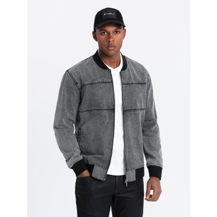 Pánská džínová bomber s efektem stone wash (Velikost S, Barva Šedá)