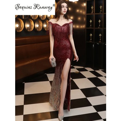Večerní šaty dlouhé Sequins SQ1219 (Barva Vínová, Velikost M)
