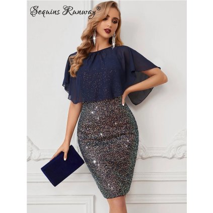 Večerní krátké šaty Sequins SQ994 (Barva Tmavě modrá, Velikost XL)
