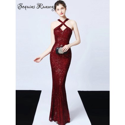 Večerní šaty dlouhé Sequins SQ1236 (Barva Červená, Velikost S)