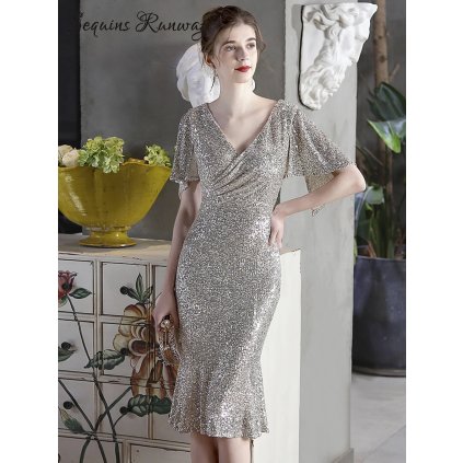 Večerní midi šaty Sequins SQ180 (Barva Černá, Velikost S)