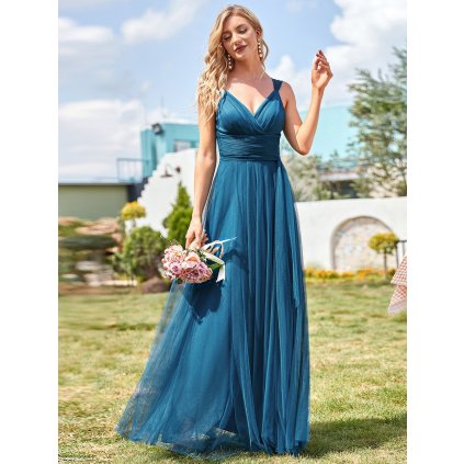 dlouhé tylové společenské šaty s výstřihem do V - Teal M