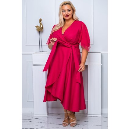 elegantní midi šaty s páskem  ELENA glossy - Malina 5XL