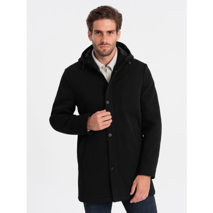 Pánský zateplený kabát s kapucí a skrytým zipem - V1 (Velikost 2XL, Barva Černá)