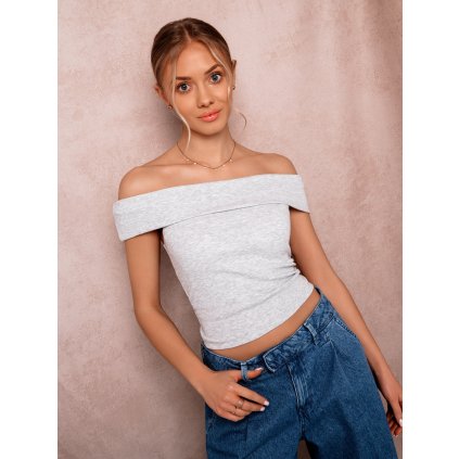 Dámský žebrovaný crop top s odhalenými rameny SLR085 (Velikost S, Barva Šedá)