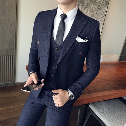 Pánský oblek dvouřadý Tuxedo set s vestou 3v1 (Barva Tmavě modrá, Velikost XXS)