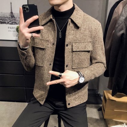 Krátký kabát vzorovaný s límečkem a náprsními kapsami (Barva Šedá, Velikost 3XS)