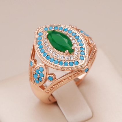Luxusní prsten s kameny pozlacený 14K zlatem KI889 (Barva (Varianta) green, Velikost prstenu 10 (62,5 mm))