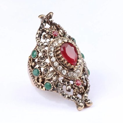 Luxusní prsten s kameny pozlacený 14K zlatem KI908 (Barva (Varianta) Antique Gold Plated, Velikost prstenu 9 (59,6 mm))