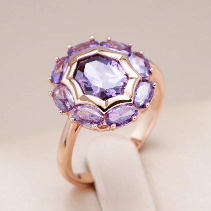 Luxusní prsten s kameny pozlacený 14K zlatem KI919 (Barva (Varianta) PURPLE, Velikost prstenu 7 (54,3 mm))