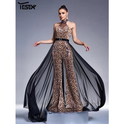 Večerní luxusní overal s vlečkou, zvířecí vzor leopard (Barva Černá, Velikost L)