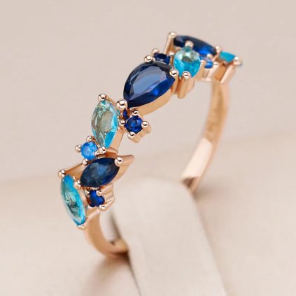 Luxusní prsten s kameny pozlacený 14K zlatem KI973 (Barva (Varianta) Z1142-Blue, Velikost prstenu 9 (59,6 mm))