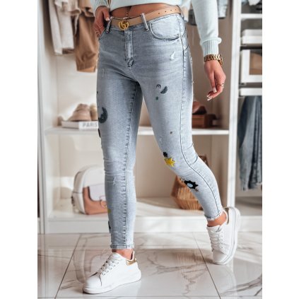 Dámské kalhoty džínové skinny s výšivkou MOONAIR UY2453 (Velikost 28, Barva Nebeská)