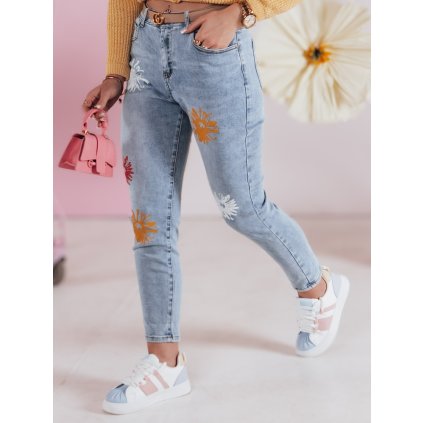 Dámské džíny slim fit s květinami FLORENSSO UY2467 (Velikost S, Barva Nebeská)