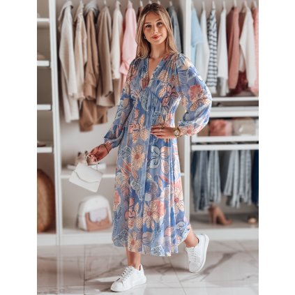 Dámské šaty one size midi s květinami LILOVIE EY2570 (Velikost ONE SIZE, Barva Světle modrá)