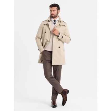 Elegantní pánský trenčkot SLIM FIT s páskem - V1 OM-COSC-0126 (Velikost S, Barva Béžová)