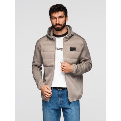 Pánská lehká bunda z kombinovaných materiálů s kapucí a ozdobným prošíváním - V3 OM-JANP-0160 (Velikost S, Barva Béžová)