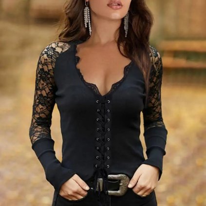 Helenka s korzetovým vázáním a krajkou (Barva Černá, Velikost 2XL)