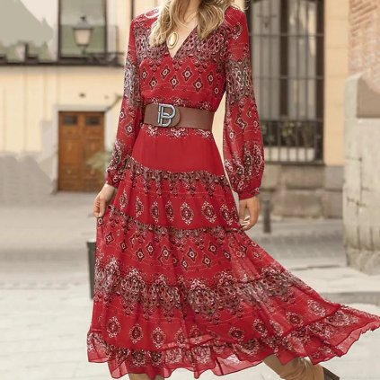 Dlouhé šaty s potiskem vintage s páskem (Barva Modrá, Velikost 3XL)