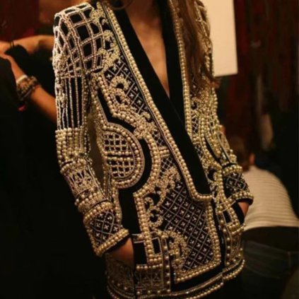 Luxusní dámské sako se vzorem boho a perlami (Barva Stříbrná, Velikost 2XL)