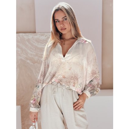 Dámská košile oversize s květinami KWIACYNTA DY0469 (Velikost ONE SIZE, Barva Béžová)