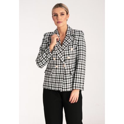Dvouřadé kostkované sako z elegantní žakárové látky M1130 (Barva Černá, Velikost S/M)