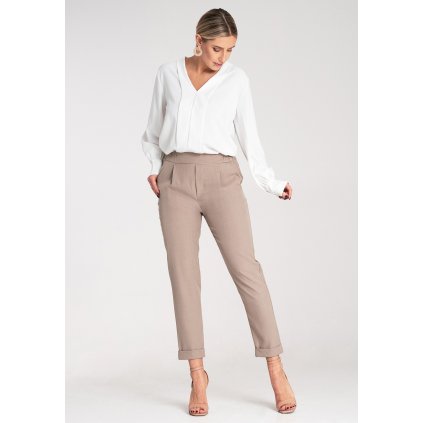 Elegantní, úzké kalhoty s ohrnutými nohavicemi M1161 (Barva Béžová, Velikost S/M)