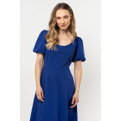 Rozevláté midi šaty s výstřihem a krátkými rukávy A709 (Velikost L, Barva Béžová)