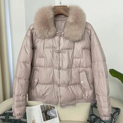Krátká péřová bunda s kožešinou – prošívaný vintage kabátek