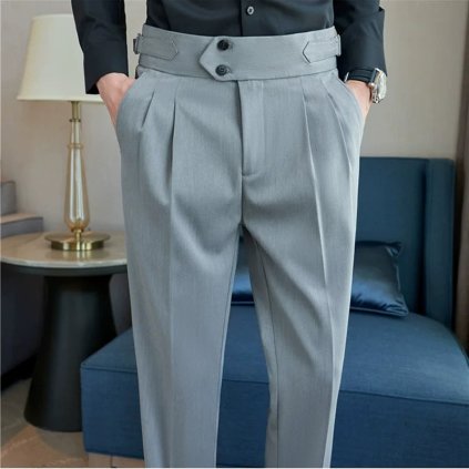 Pánské kalhoty – britský styl, vysoký pas, slim střih