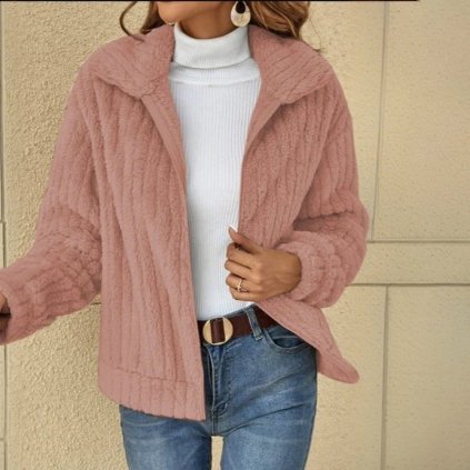 Dámský plyšový cardigan – krátký střih, měkký a teplý, zip a límec (Barva Khaki, Velikost 3XL)