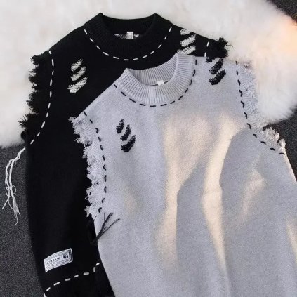 Roztrhaný svetr s třásněmi – unisex streetwear svetr s kulatým výstřihem