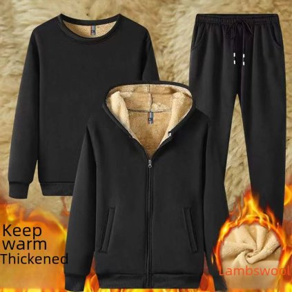 Zateplená pánská souprava – mikina s kapucí a volné tepláky na zimu (Barva (Varianta) One-piece hooded lambswool, Velikost 2XL)