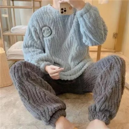 Pánský flanelový domácí set – teplý, dvoudílný, huňatý (Barva (Varianta) 204 light blue smiley face, Velikost 3XL)