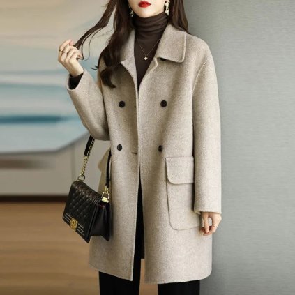 Dámský vlněný kabát – elegantní styl, střední délka (Barva Khaki, Velikost 3XL)