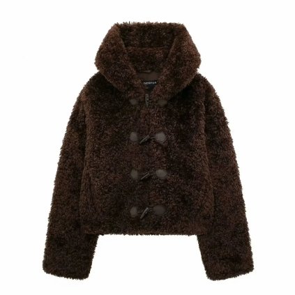Dámská zimní bunda s kapucí – plyšový kabát teddy (Barva Tmavě hnědá, Velikost L)