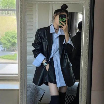 Dámská kožená bunda – volný model vintage styl (Barva (varianta) Black Coat + blue shirt, Velikost L)