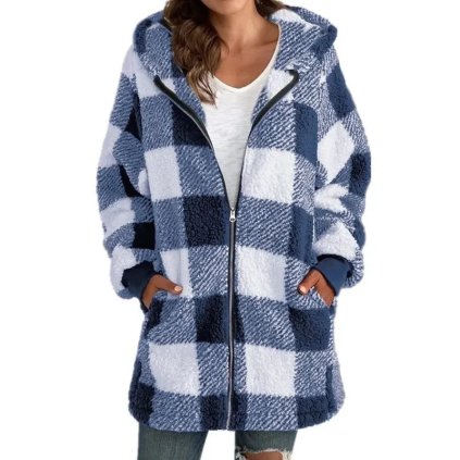 Dlouhá kostkovaná mikina na zip – volný střih, kapuce, kapsy (Barva (varianta) Barevná, Velikost 2XL)