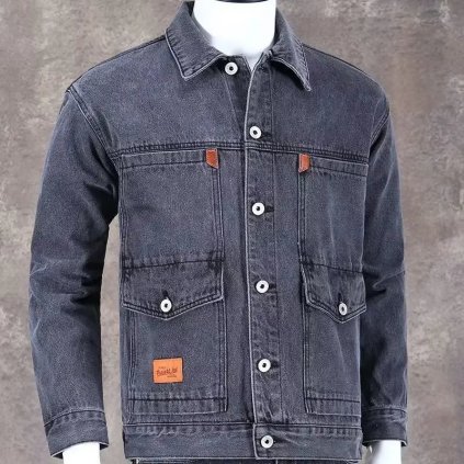 Pánská džínová bunda – volný pracovní styl na jaro a podzim (Barva Šedá, Velikost 4XL)
