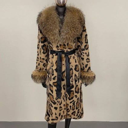 Dlouhý dámský kabát se vzorem a límcem z pravé lišky (Barva (varianta) fur belt, Velikost 3XL)