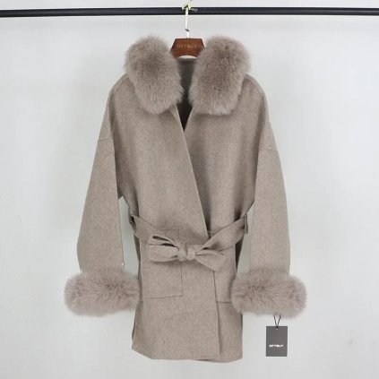 kašmírový kabát s kapucí – měkký, kožešinový límec, volný střih (Barva (varianta) Beige add cuffs, Velikost XS)