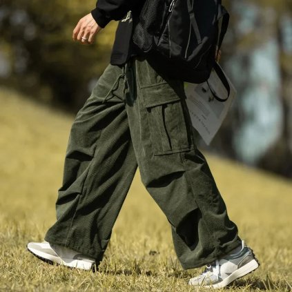 Pánské široké manšestrové kalhoty – městský styl (Barva (varianta) Army green fleece-lined, Velikost L)