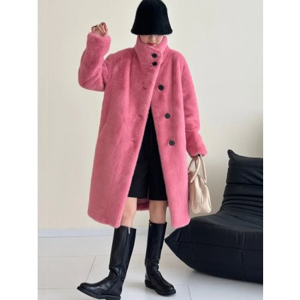 kabát z umělé kožešiny s vysokým límcem (Barva Růžová, Velikost ONE SIZE)